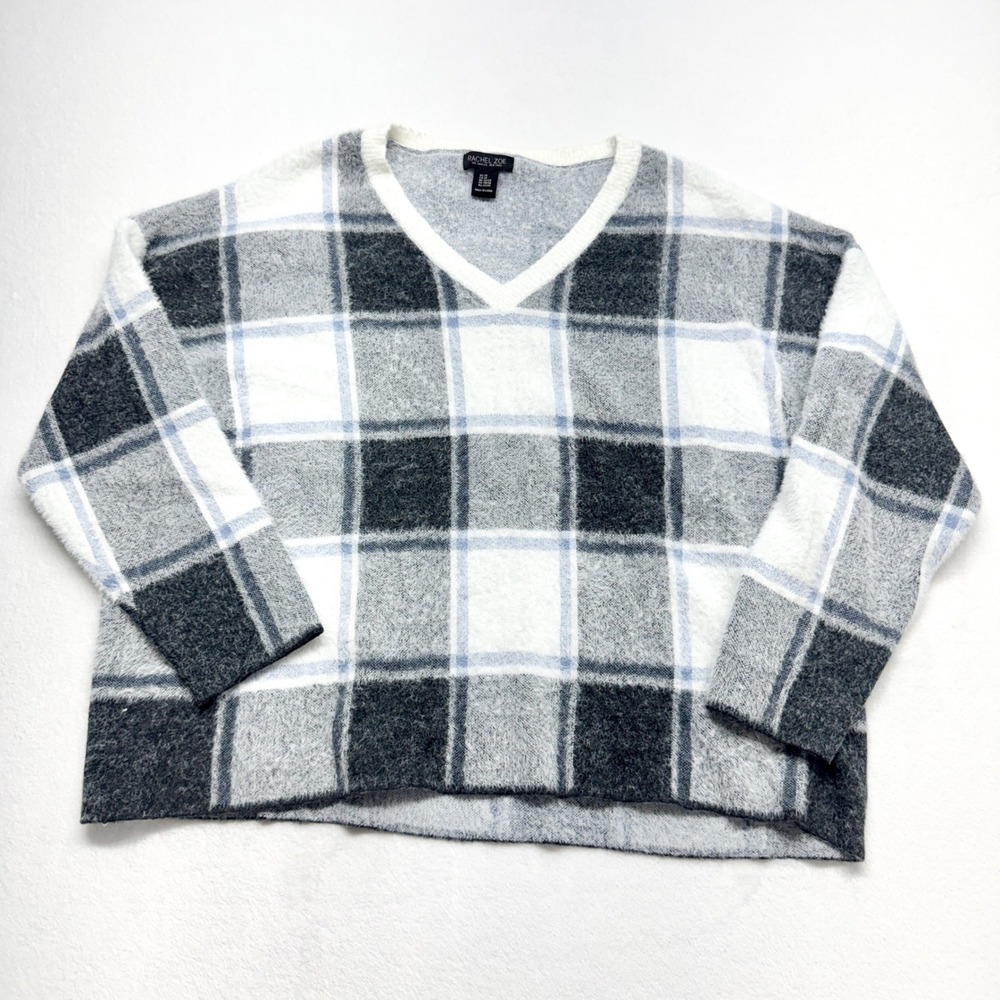 Rachel Zoe Plaid Fuzzy V-Neck Sweater Womens Size 2X Grey White Blue Knit Soft